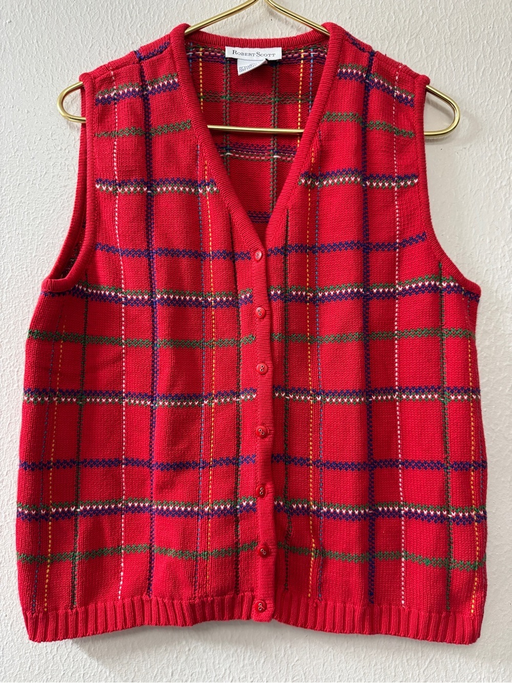 Robert Scott Red Plaid Knit Button Front Vest